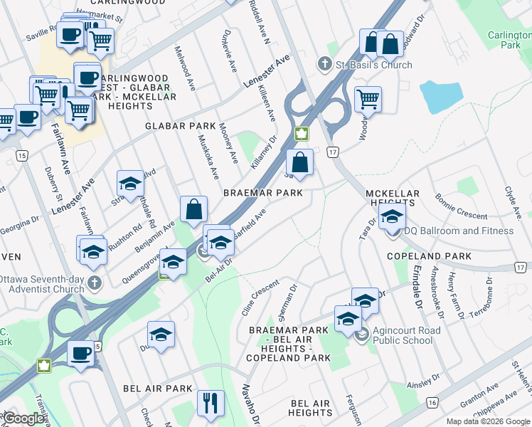 map of restaurants, bars, coffee shops, grocery stores, and more near 1960 Garfield Avenue in Ottawa