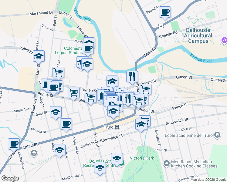 map of restaurants, bars, coffee shops, grocery stores, and more near 187 Queen Street in Truro