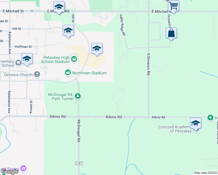 map of restaurants, bars, coffee shops, grocery stores, and more near 860 Evergreen Court in Petoskey