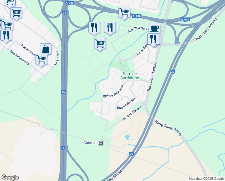 map of restaurants, bars, coffee shops, grocery stores, and more near 56 Rue de Sauverny in Candiac