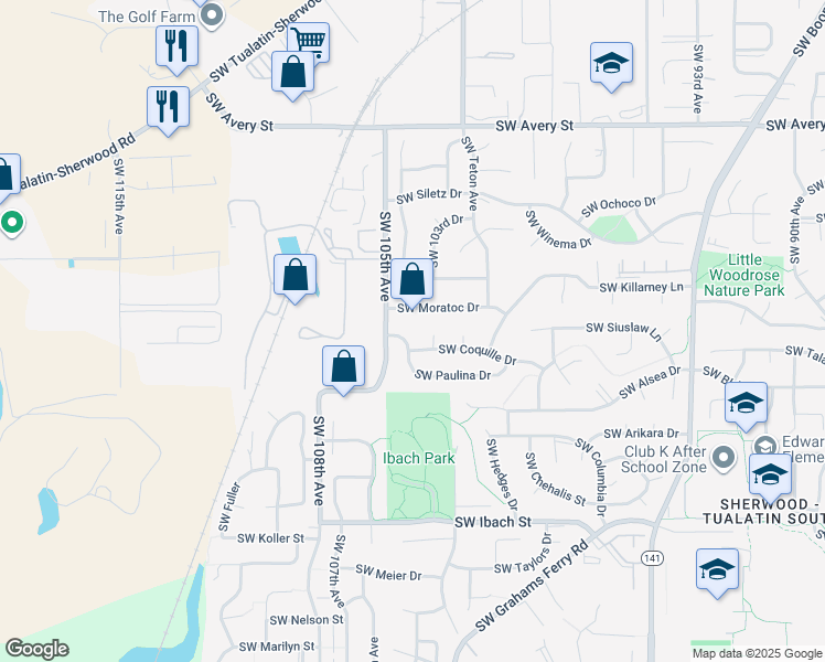 map of restaurants, bars, coffee shops, grocery stores, and more near 10465 Southwest Paulina Drive in Tualatin