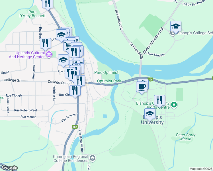 map of restaurants, bars, coffee shops, grocery stores, and more near 2 Rue Reed in Sherbrooke