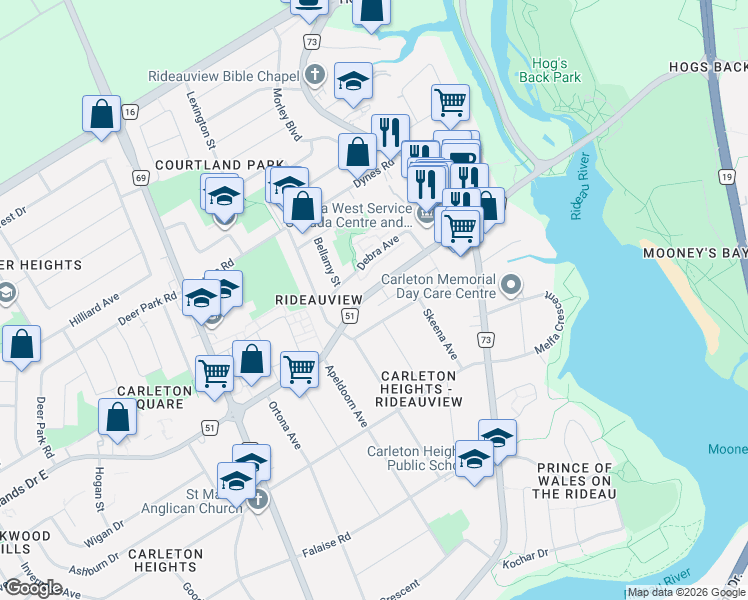 map of restaurants, bars, coffee shops, grocery stores, and more near 968 Meadowlands Drive in Ottawa
