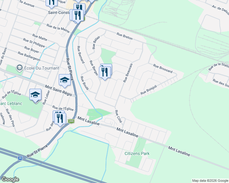 map of restaurants, bars, coffee shops, grocery stores, and more near 73 Rue du Bois de Boulogne in Saint-Constant