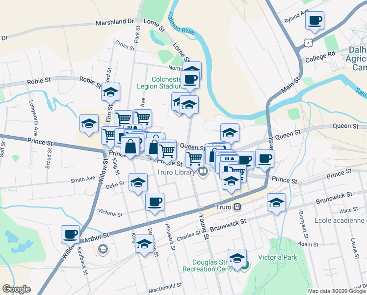 map of restaurants, bars, coffee shops, grocery stores, and more near 104 Lorne Street in Truro