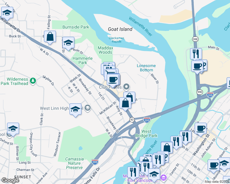 map of restaurants, bars, coffee shops, grocery stores, and more near 22000 Willamette Drive in West Linn