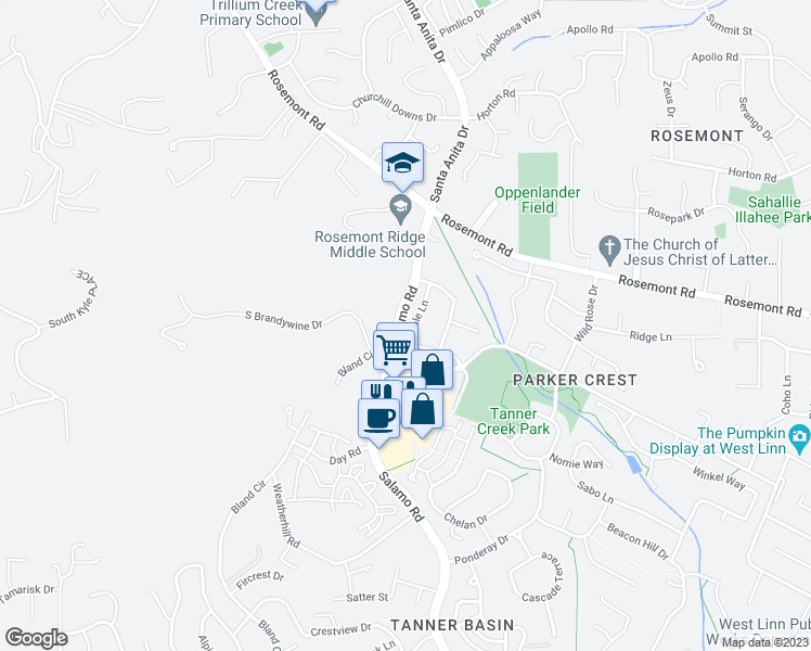 map of restaurants, bars, coffee shops, grocery stores, and more near 20432 Noble Lane in West Linn
