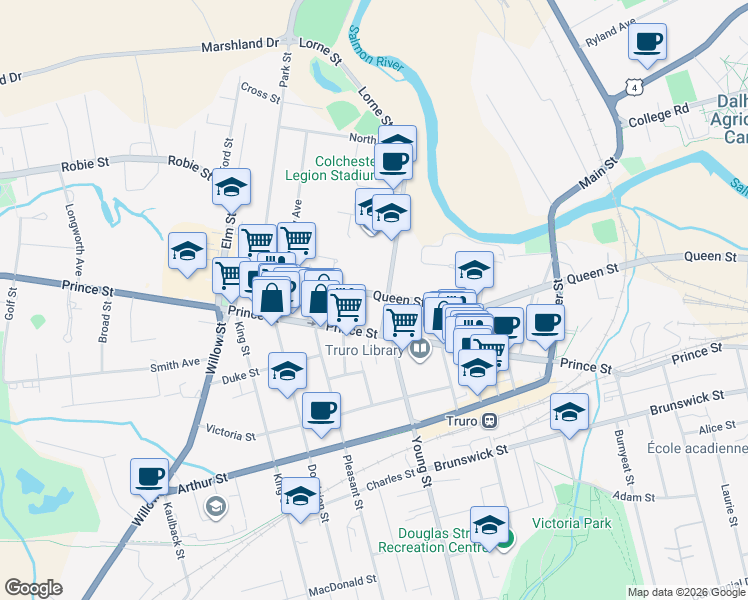 map of restaurants, bars, coffee shops, grocery stores, and more near 114 Queen Street in Truro