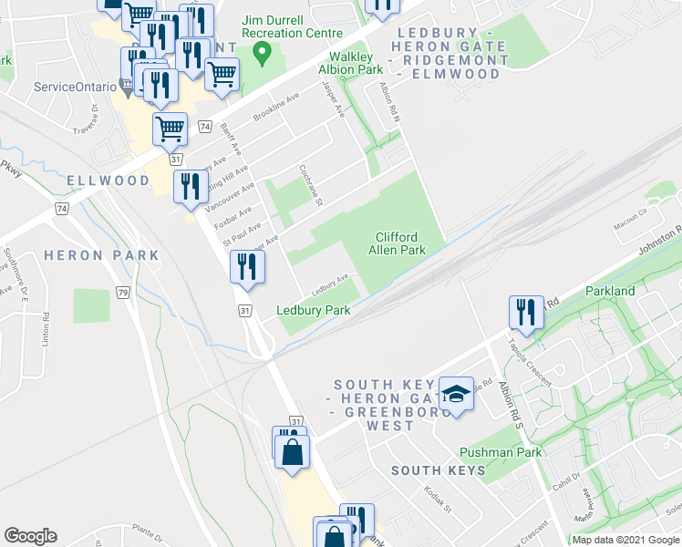 map of restaurants, bars, coffee shops, grocery stores, and more near 3 Ledbury Avenue in Ottawa