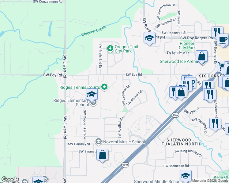 map of restaurants, bars, coffee shops, grocery stores, and more near 17892 Southwest Nursery Court in Sherwood