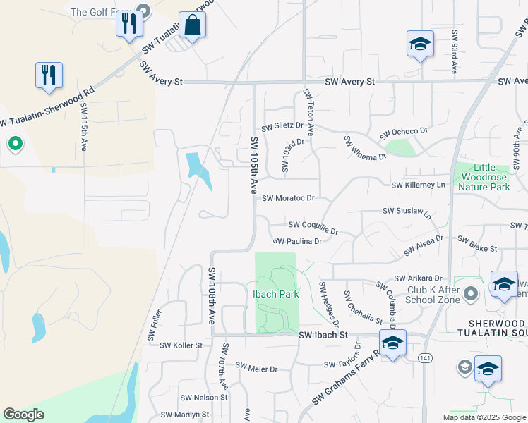 map of restaurants, bars, coffee shops, grocery stores, and more near 10465 Southwest Paulina Drive in Tualatin