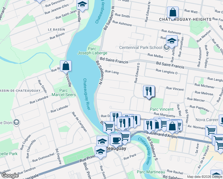 map of restaurants, bars, coffee shops, grocery stores, and more near 14 Rue Saint-Onge in Châteauguay
