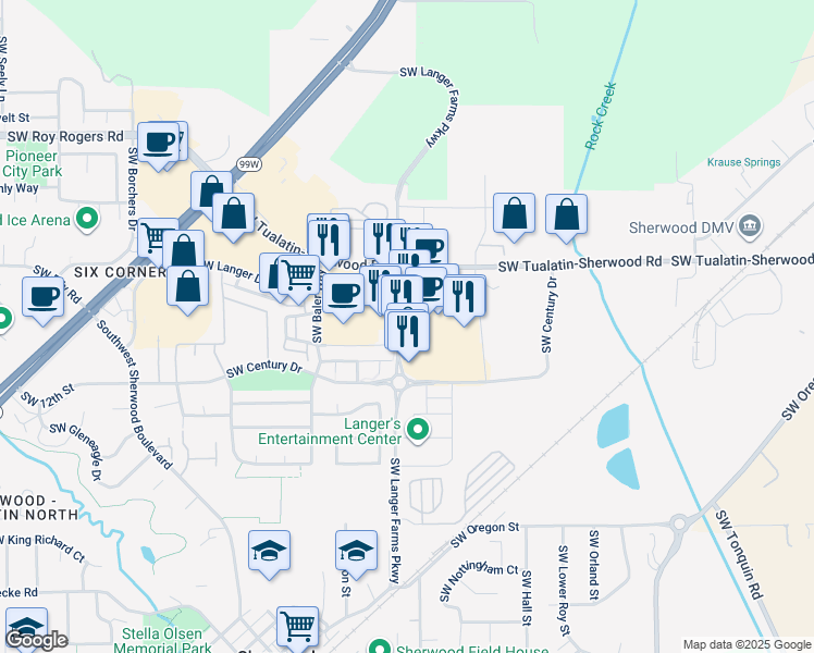 map of restaurants, bars, coffee shops, grocery stores, and more near 21332 Southwest Langer Farms Parkway in Sherwood