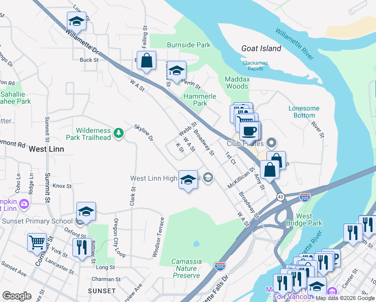 map of restaurants, bars, coffee shops, grocery stores, and more near 5716 West A Street in West Linn
