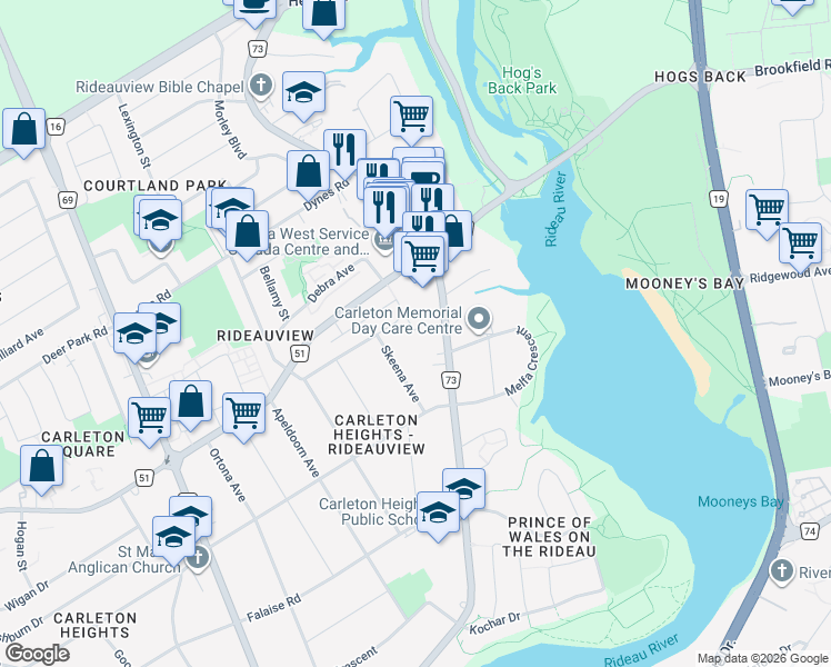 map of restaurants, bars, coffee shops, grocery stores, and more near 132 Montauk private in Ottawa