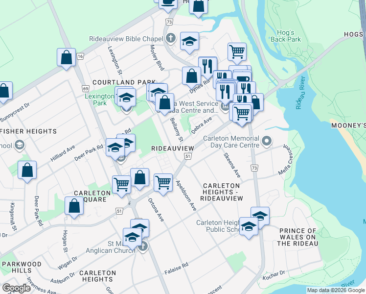 map of restaurants, bars, coffee shops, grocery stores, and more near 990 Debra Avenue in Ottawa