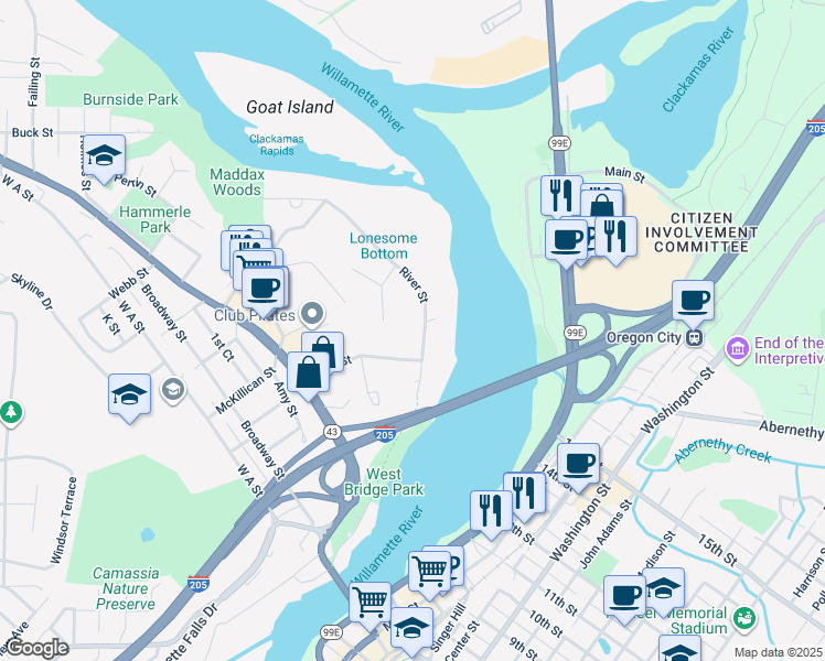 map of restaurants, bars, coffee shops, grocery stores, and more near 5548 River Street in West Linn