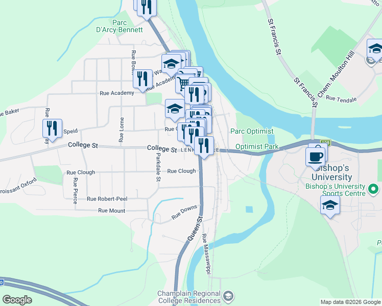 map of restaurants, bars, coffee shops, grocery stores, and more near Rue College in Sherbrooke