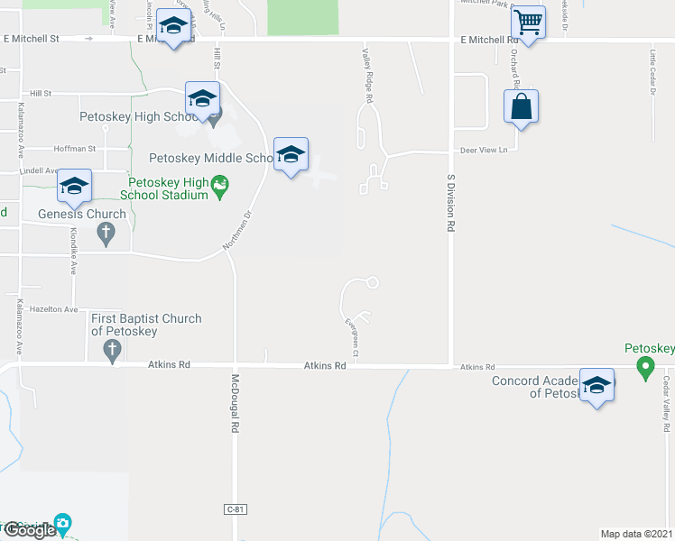 map of restaurants, bars, coffee shops, grocery stores, and more near 860 Evergreen Court in Petoskey