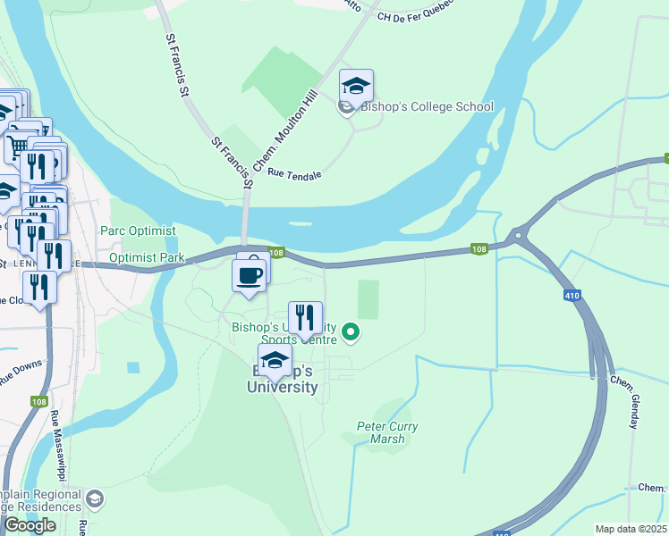map of restaurants, bars, coffee shops, grocery stores, and more near 2530 Rue College in Sherbrooke
