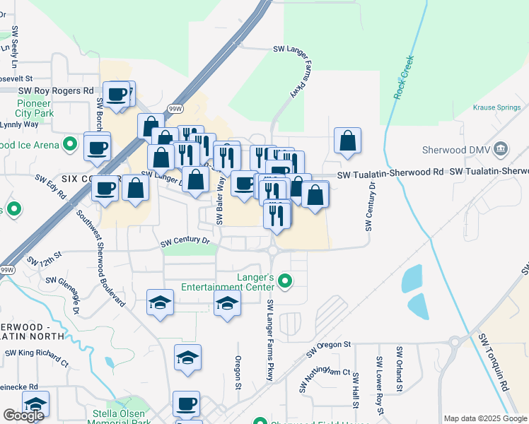 map of restaurants, bars, coffee shops, grocery stores, and more near 21332 Southwest Langer Farms Parkway in Sherwood