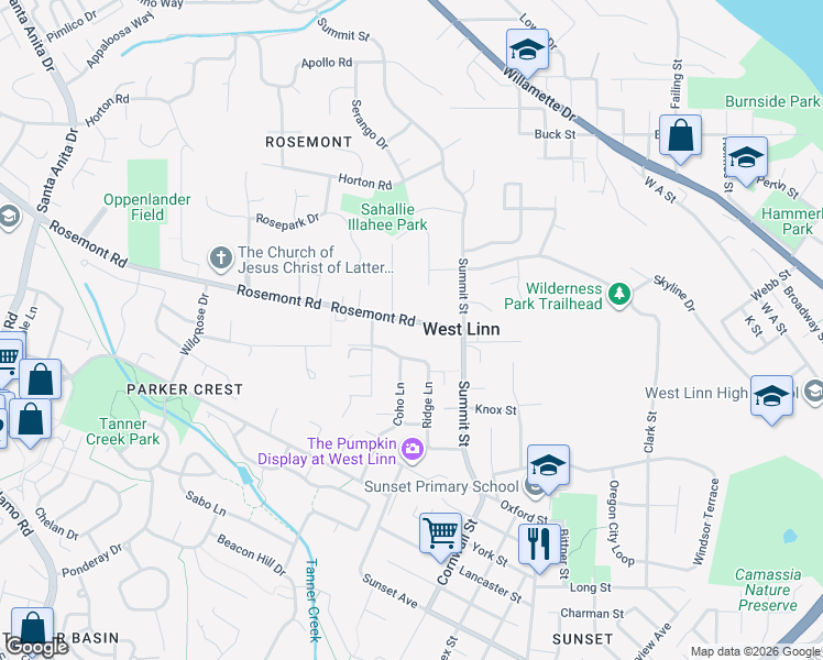 map of restaurants, bars, coffee shops, grocery stores, and more near 1530 Rosemont Road in West Linn
