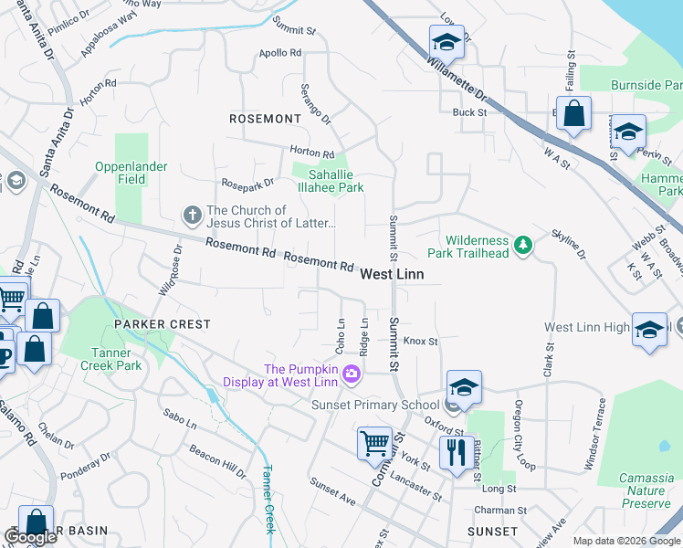 map of restaurants, bars, coffee shops, grocery stores, and more near 1530 Rosemont Road in West Linn