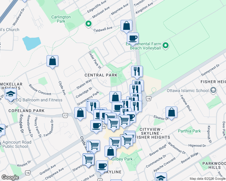 map of restaurants, bars, coffee shops, grocery stores, and more near 13 Scout Street in Ottawa