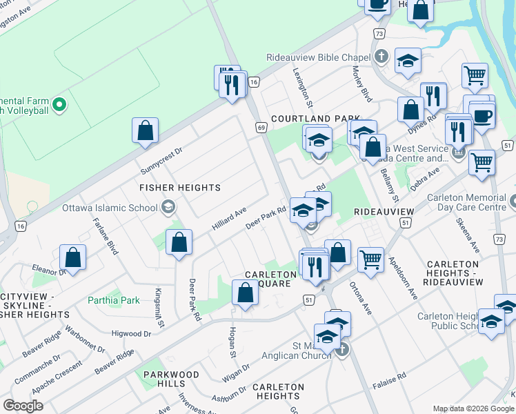 map of restaurants, bars, coffee shops, grocery stores, and more near 45 Hilliard Avenue in Ottawa