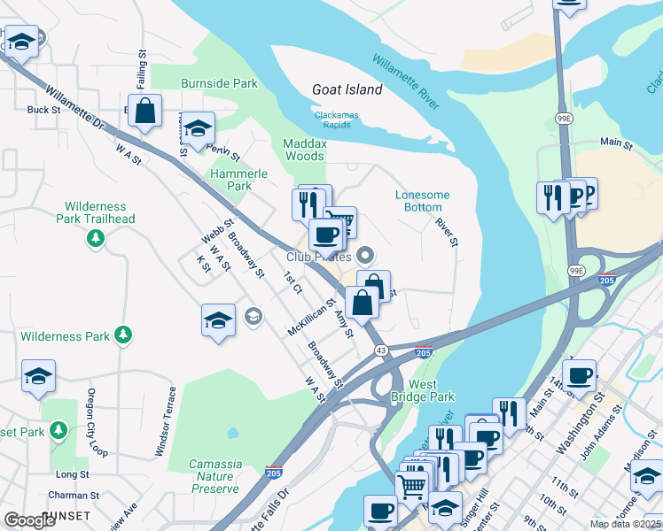 map of restaurants, bars, coffee shops, grocery stores, and more near 22000 Willamette Drive in West Linn