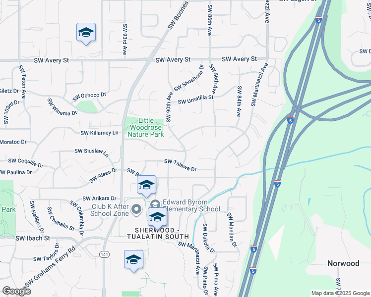 map of restaurants, bars, coffee shops, grocery stores, and more near 21264 Southwest 90th Avenue in Tualatin