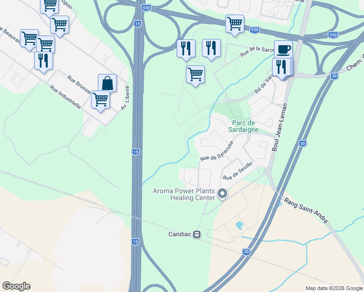 map of restaurants, bars, coffee shops, grocery stores, and more near 58 Rue de Sofia in Candiac