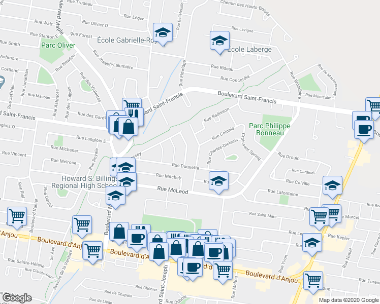 map of restaurants, bars, coffee shops, grocery stores, and more near 277 Rue Massey in Châteauguay