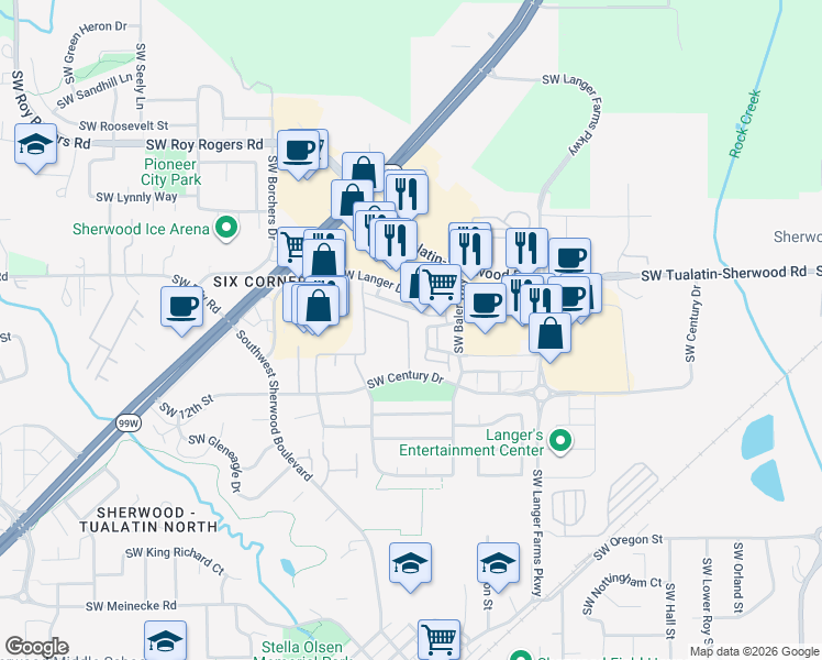 map of restaurants, bars, coffee shops, grocery stores, and more near 16100 Southwest Century Drive in Sherwood