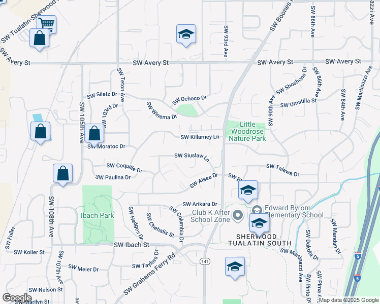 map of restaurants, bars, coffee shops, grocery stores, and more near 9668 Southwest Siuslaw Lane in Tualatin
