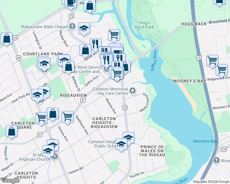 map of restaurants, bars, coffee shops, grocery stores, and more near in Ottawa