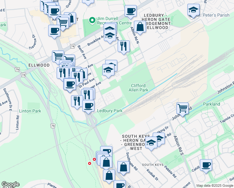 map of restaurants, bars, coffee shops, grocery stores, and more near 3 Ledbury Avenue in Ottawa
