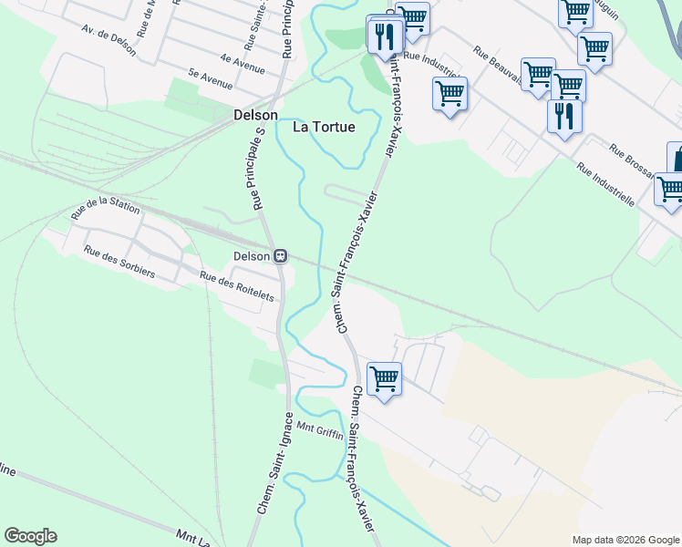 map of restaurants, bars, coffee shops, grocery stores, and more near 163 Chemin Saint-François-Xavier in Delson