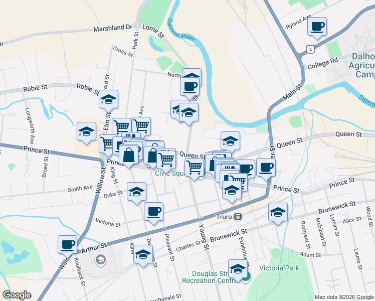 map of restaurants, bars, coffee shops, grocery stores, and more near 114 Queen Street in Truro