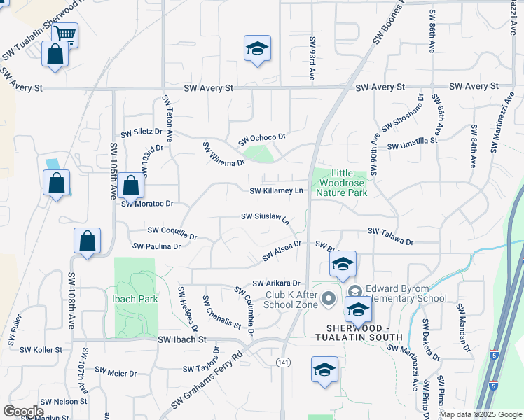 map of restaurants, bars, coffee shops, grocery stores, and more near 9668 Southwest Siuslaw Lane in Tualatin