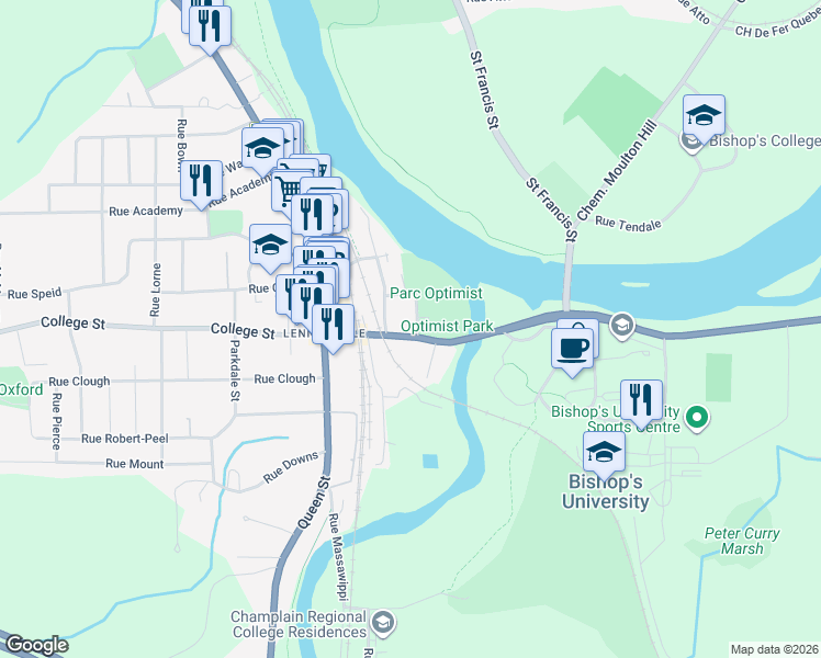map of restaurants, bars, coffee shops, grocery stores, and more near 2865 Rue College in Sherbrooke