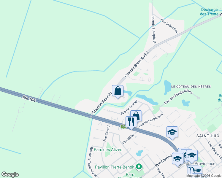 map of restaurants, bars, coffee shops, grocery stores, and more near 28 Chemin Saint-André in Saint-Jean-sur-Richelieu