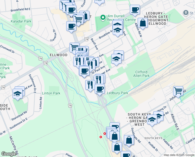 map of restaurants, bars, coffee shops, grocery stores, and more near 1216 Kitchener Avenue in Ottawa