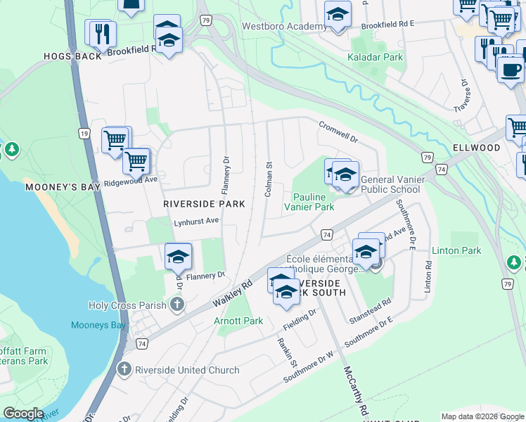 map of restaurants, bars, coffee shops, grocery stores, and more near 2742 Colman Street in Ottawa