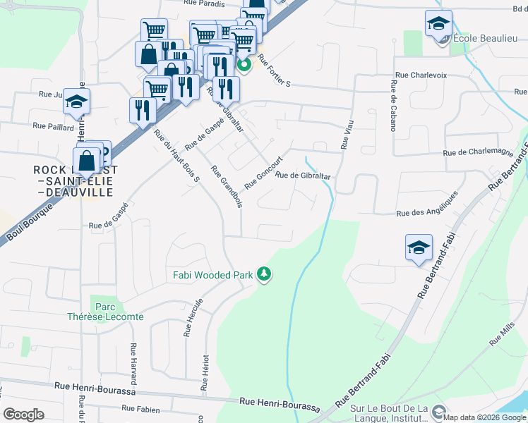 map of restaurants, bars, coffee shops, grocery stores, and more near 843 Rue Grandmaison in Sherbrooke