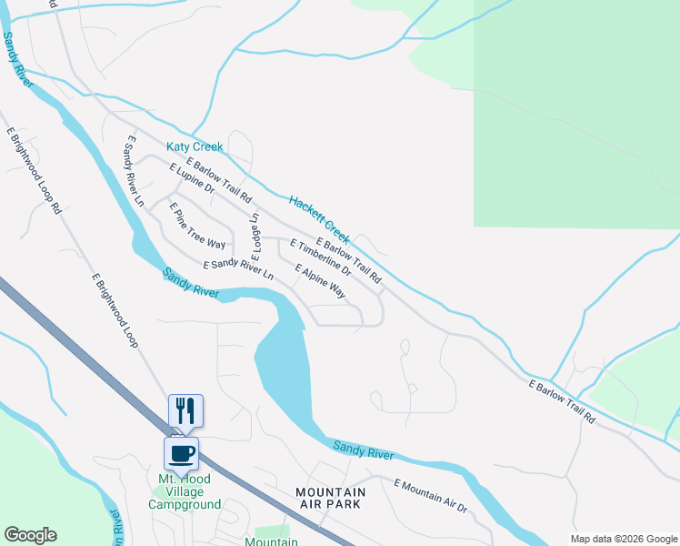 map of restaurants, bars, coffee shops, grocery stores, and more near 65582 East Timberline Drive in Rhododendron