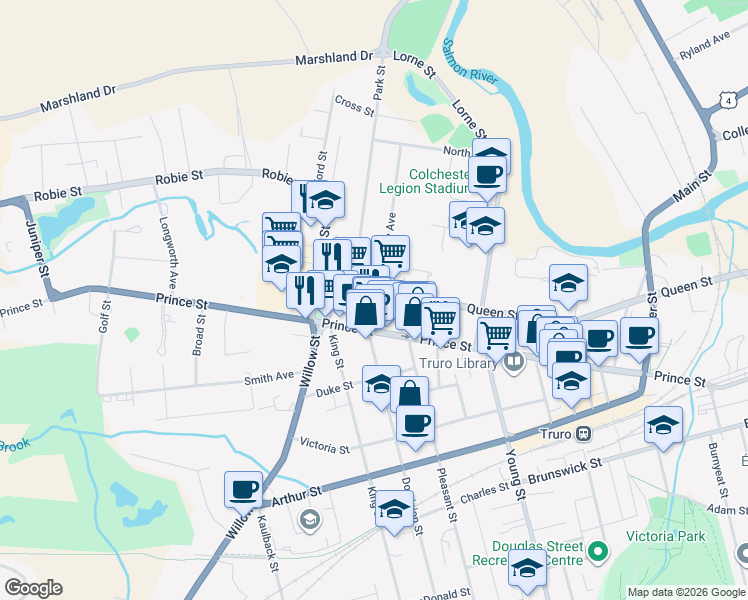 map of restaurants, bars, coffee shops, grocery stores, and more near 44 Queen Street in Truro