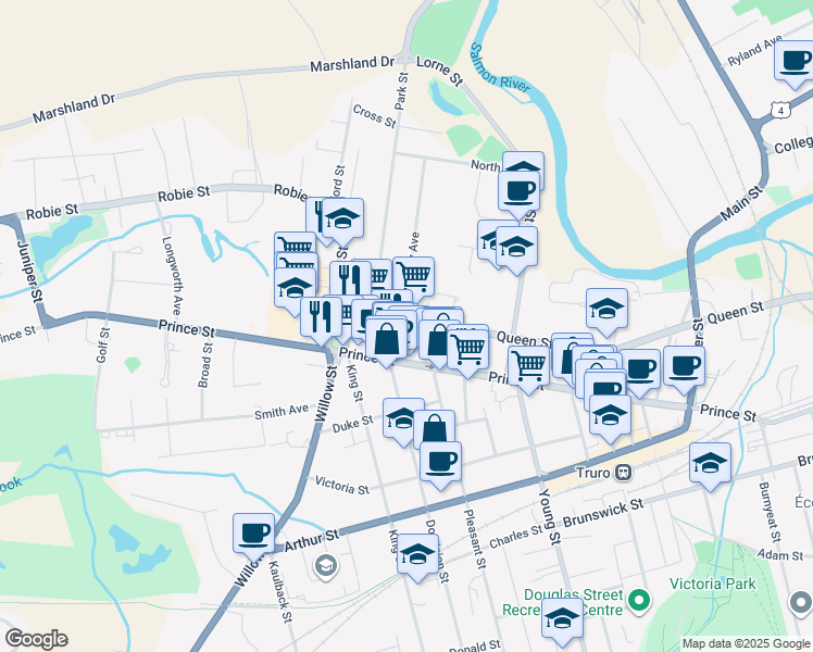 map of restaurants, bars, coffee shops, grocery stores, and more near 52 Queen Street in Truro