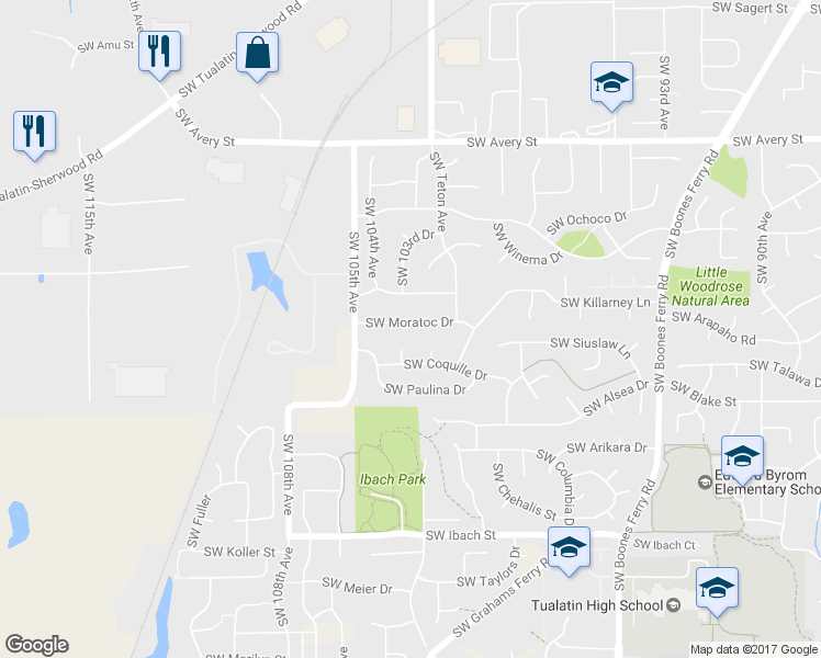 map of restaurants, bars, coffee shops, grocery stores, and more near 10285 Southwest Moratoc Drive in Tualatin
