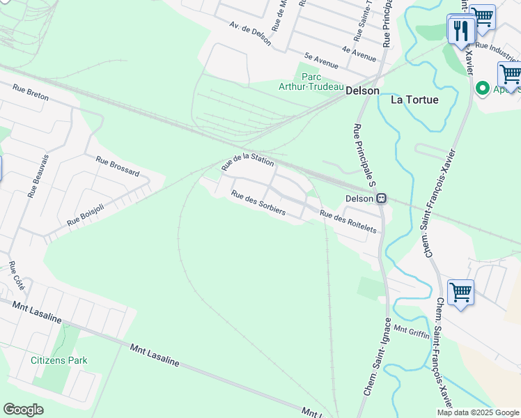 map of restaurants, bars, coffee shops, grocery stores, and more near 117 Rue des Sorbiers in Delson